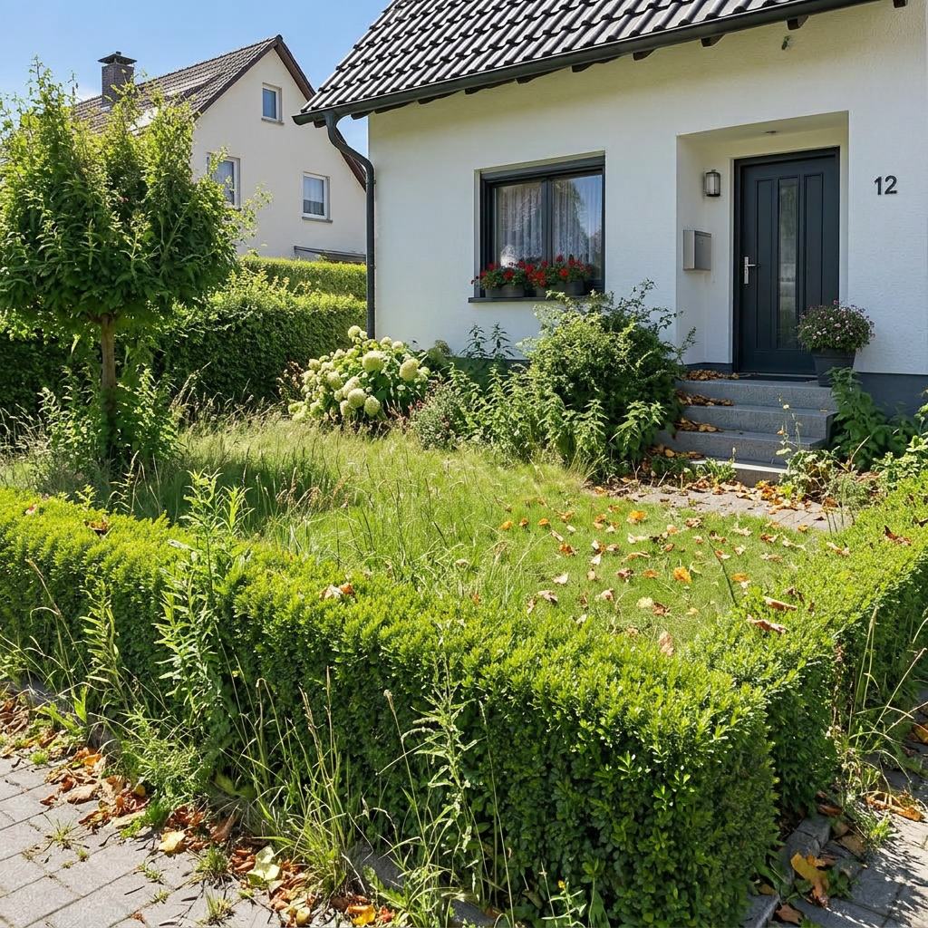 Verwilderter Vorgarten vor der Pflege
